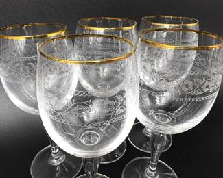 Set of 5 Flower Engraved Wine Glasses with Gold Rim