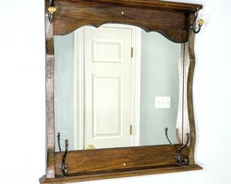 Vintage Wooden Entry Mirror with Hooks