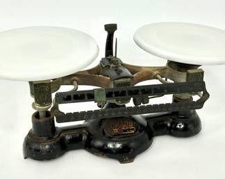 Antique OHAUS Cast Iron Apothecary Scale with Milk Glass Plates
