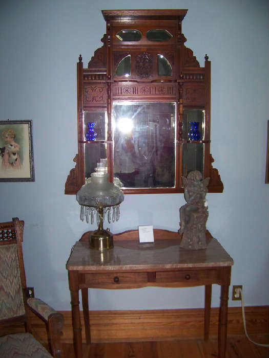 walnut organ top mirror with beveled glass mirrors, east lake style.  walnut desk with pink marble top