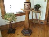 3 vintage plant stands; one mahogany, one walnut, and one oak.