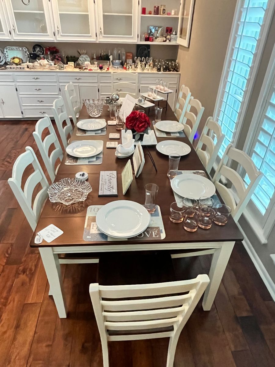 "TABLE FOR TEN, PLEASE" - LONG, SHAKER-STYLE TABLE w/ 10 CHAIRS!