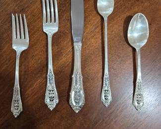 Rose Point Sterling Flatware Set. 8+ setting with serving utensils.