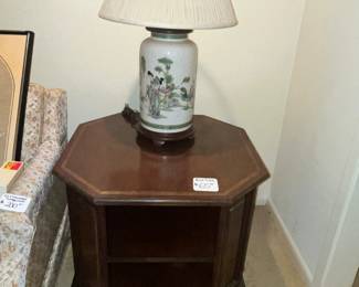 CHERRY HEXAGON BOOKCASE TABLE & ASIAN TABLE LAMP