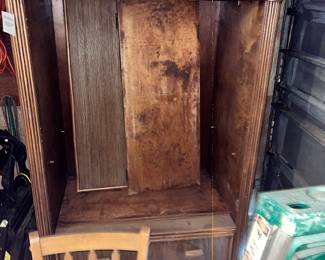 RATTAN ARMOIRE (NEEDS TLC) & A HARDWOOD DROP-LEAF TABLE w/ 2 CHAIRS