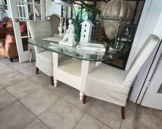 GLASS-TOP TABLE w/ PAIR OF SLIP-COVER CHAIRS