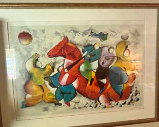 VERY LARGE FRAMED SERIGRAPH PRINT "THE PICNIC" by DAVID SCHLUSS