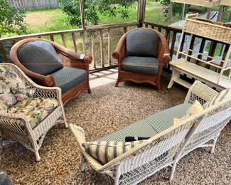 BACK PATIO! PAIR OF MARVELOUS RATTAN CHAIRS, WICKER SOFA & CHAIR