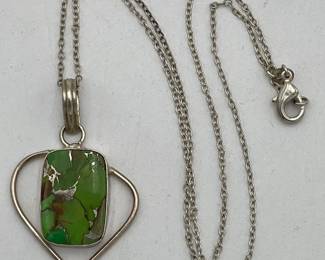 Green Copper Turquoise on Sterling Pendant on Sterling Chain