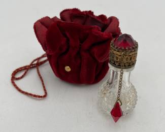 Rare Mini Vintage Czech Irice Perfume with Red Jeweled Top & Original Red Bag