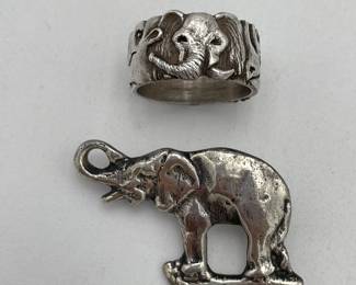 Sterling Elephant Pin and Animal Ring