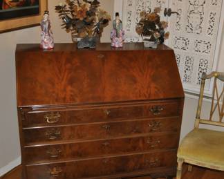 Antique Chippendale style burlwood drop front desk