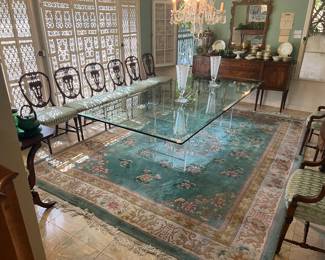 4' x 9' beveled glass dining table with reticulated lucite pedestal similar to designs by Charles Hollis Jones - Pace - Knoll - Lion in Frost. A fine 1970's Chinese rug 9' x 12' 6" with 7/8" pile