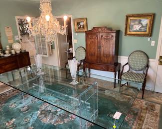 4' x 9' beveled glass dining table with reticulated lucite pedestal similar to designs by Charles Hollis Jones - Pace - Knoll - Lion in Frost. A fine 1970's Chinese rug 9' x 12' 6" with 7/8" pile