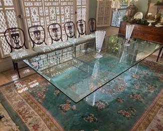 4' x 9' beveled glass dining table with reticulated lucite pedestal similar to designs by Charles Hollis Jones - Pace - Knoll - Lion in Frost. A fine 1970's Chinese rug 9' x 12' 6" with 7/8" pile