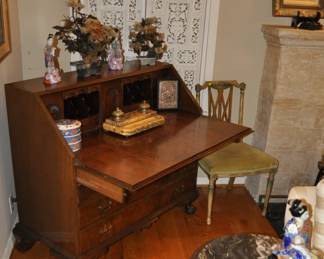 Antique Chippendale style burlwood drop front desk