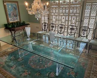 4' x 9' beveled glass dining table with reticulated lucite pedestal similar to designs by Charles Hollis Jones - Pace - Knoll - Lion in Frost. A fine 1970's Chinese rug 9' x 12' 6" with 7/8" pile