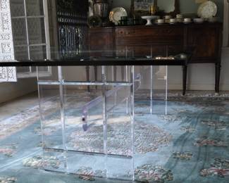 4' x 9' beveled glass dining table with reticulated lucite pedestal similar to designs by Charles Hollis Jones - Pace - Knoll - Lion in Frost. A fine 1970's Chinese rug 9' x 12' 6" with 7/8" pile