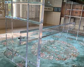 4' x 9' beveled glass dining table with reticulated lucite pedestal similar to designs by Charles Hollis Jones - Pace - Knoll - Lion in Frost. A fine 1970's Chinese rug 9' x 12' 6" with 7/8" pile