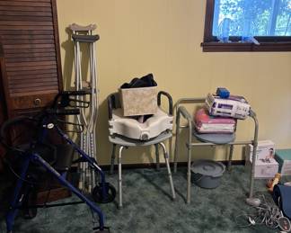 Health equipment including rollator walker, toilet riser, shower chair, crutches