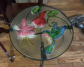 Glass side table hummingbird pattern