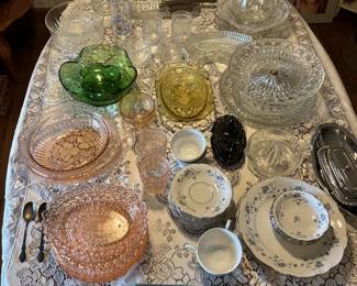 Yellow depression glass; pink depression glass; haviland blue garland 20 piece dinnerware;