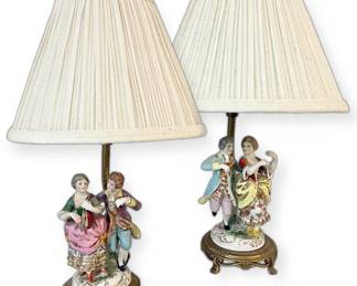 Two Porcelain Victorian Dancing Couples Lamps