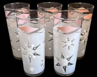 Vintage Libbey Pink White Frosted Snowflake Glasses