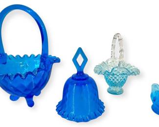 Fenton Blue Ruffled Baskets, Bird, Bell