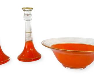 MCM Orange Centerpiece Bowl Candlestick Holders W Gold Trim