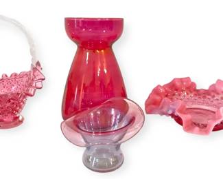 Fenton Cranberry Ruffled Bowl, Basket, More Glassware