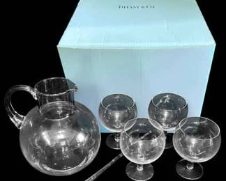 Tiffany Co. Crystal Refresher Set  Pitcher, Stirrer,  Glasses w Original Box