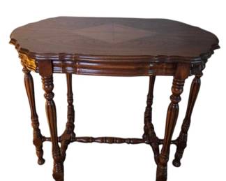 Vintage 6 Legged Wood Parlor Table With Inlaid Top