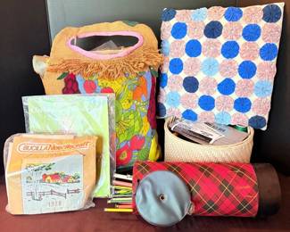 Bag Of Vintage Embroidery Kits, Sewing Notions, And Knitting Needles