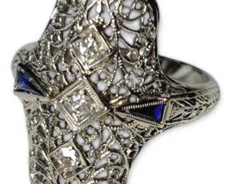 002 18k White Gold Art Deco Ring with Diamonds Sapphires 3.67g