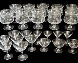 Etched Bamboo Seafood Cocktail Glasses w Liners, Champagne Glasses, Sherbet Glasses