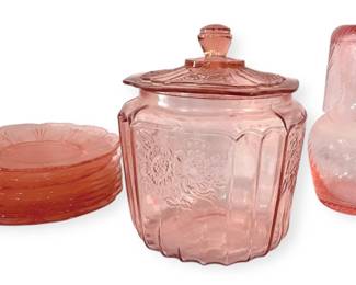 Pink Depression Glass Cookie Jar, Plates Carafe