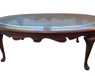 Queen Ann Style Cherry Beveled Glass Oval Coffee Table