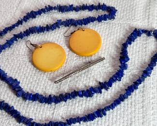 Vintage baklite earrings with antique stick pin and blue stone necklace