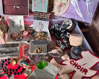 Large craft box filled with unique assortment of vintage items, jewelry bits and more