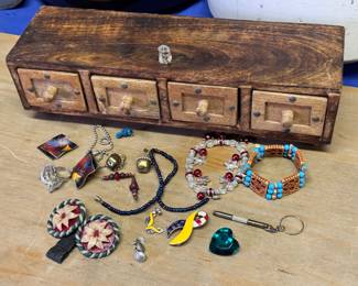 Wooden drawer trinket box and found items