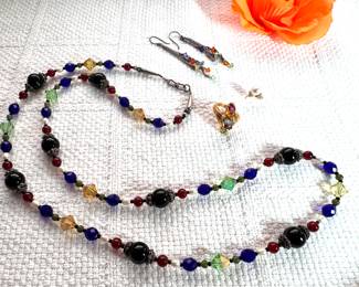 Colorful beaded necklace ring and earrings