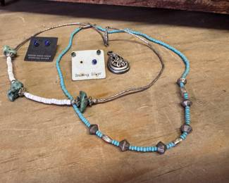 Turquoise necklace and little sterling post earrings