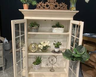 Decorative hutch can be use by itself or on top of matching base with an assortment of artificial flowers from Ethan Allen