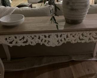 Harvest table wood and painted white carve overlay