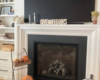 Give thanks sign and ceramic beige turkey with candle sticks