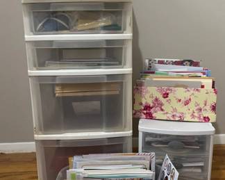 Assorted Greeting Cards, Glue Gun, Plastic Drawer Storage 