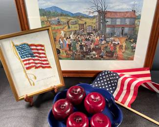 Framed Queena Stovall print, flag print, blue quiche dish, 5 wooden apples