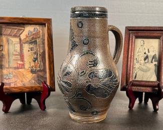 Salt glaze pottery, framed print and 1800’s pencil sketch