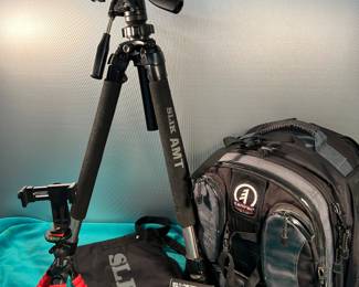 Very large camera bag, Slik tripod, many mini tripods and 6 full size